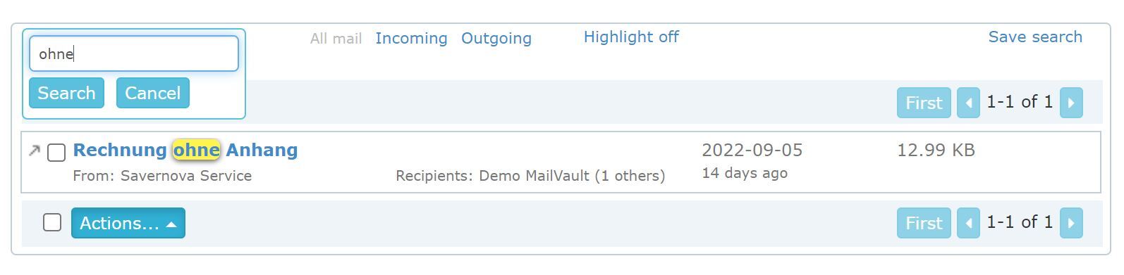 MailValt - Search within results - result